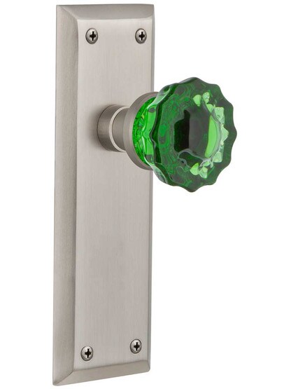 New York Door Set with Colored Fluted Crystal Glass Knobs Emerald in Satin Nickel.